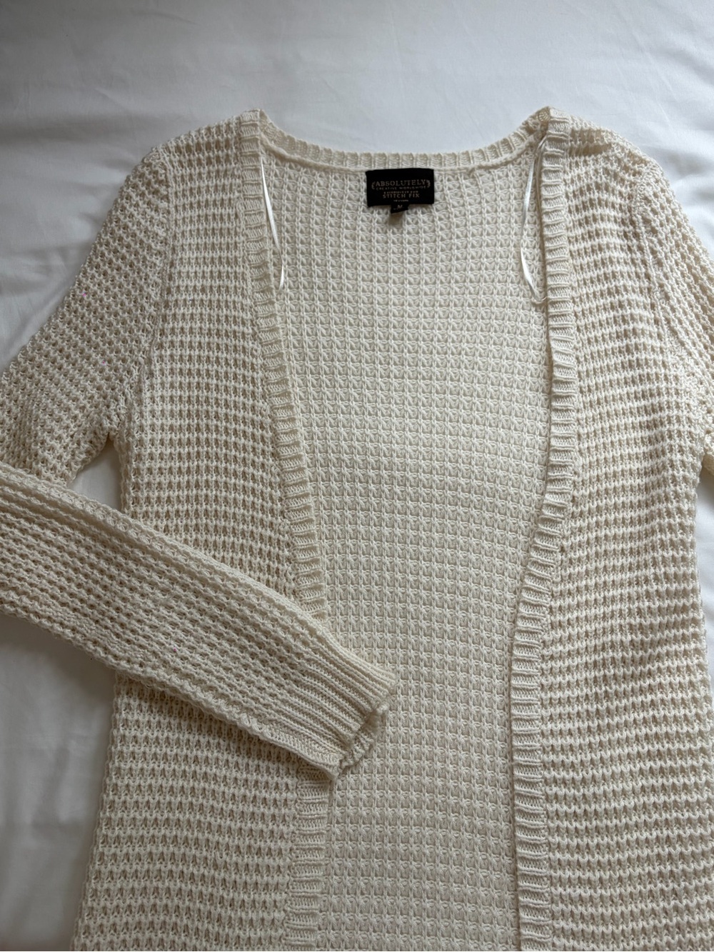Cream Open-Front Waffle Knit Cardigan
